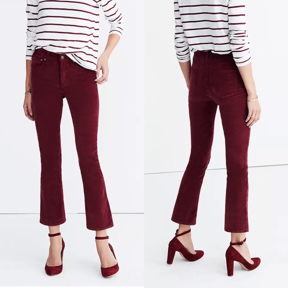 Madewell Womens Velvet Kick Out Crop Flare Burgundy‎ Pants